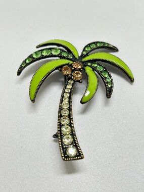 Enamel And Crystal Palm Tree Brooch, Green, Gold, Nice Quality